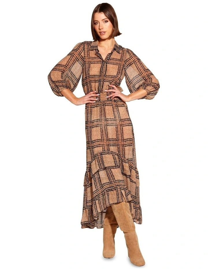 Something Beautiful Midi Puff Sleeve Shirt Dress in Houndstooth Check