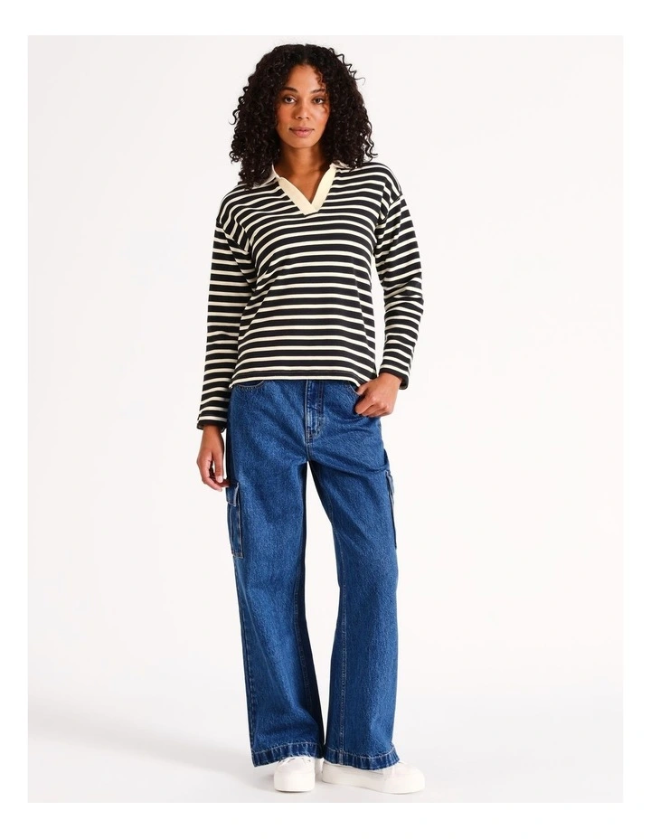 Striped Polo Sweat Top in Black