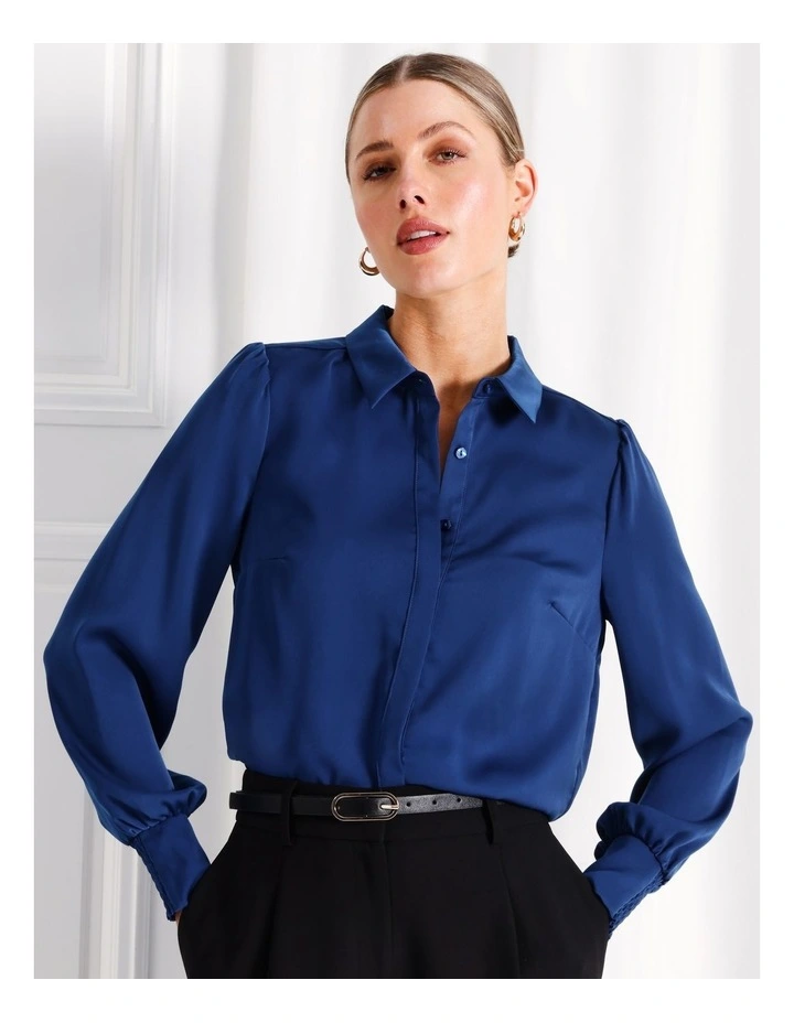 Recycled Satin Shirt in Cobalt