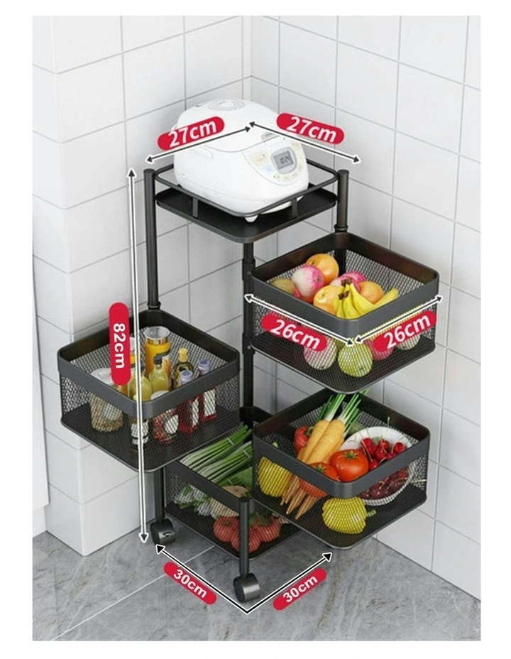 4 Tier Steel Square Rotating Kitchen Storage Organizer with Wheels in Black