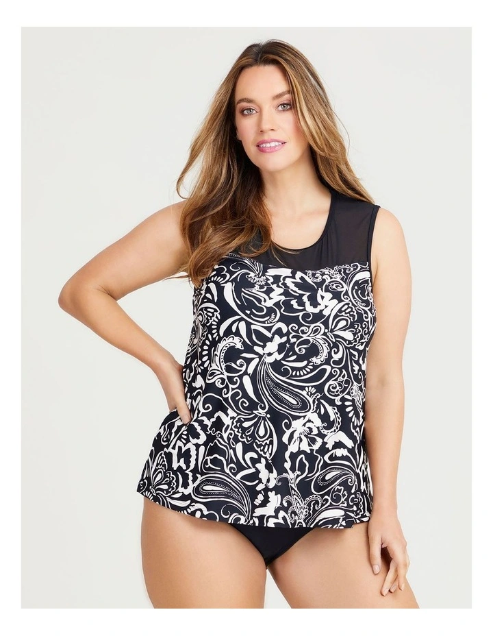 Monotone Paisley Mesh Tankini in Black/Ivory