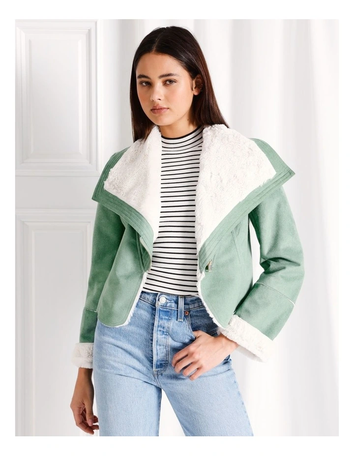 Recycled Blend Shearling Biker Jacket In Sage