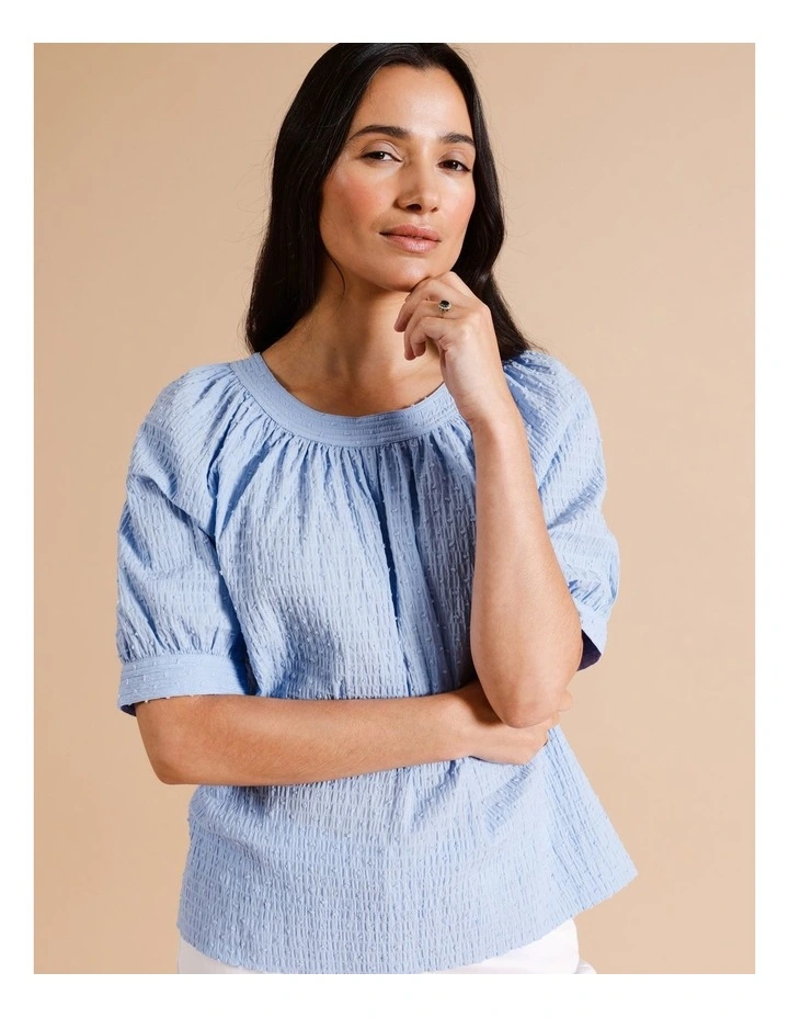 Organic Cotton Puff Short Sleeve Woven Front Tee With Knit Back in Vista Blue