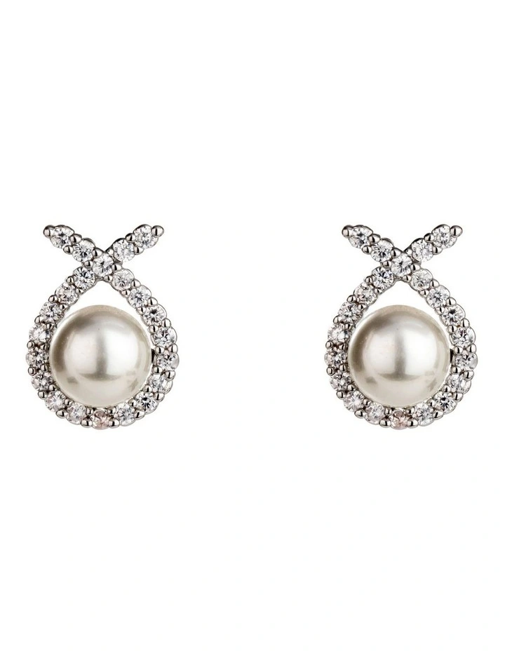 Cz Ribbon with Pearl Studs Earring in Rhodium