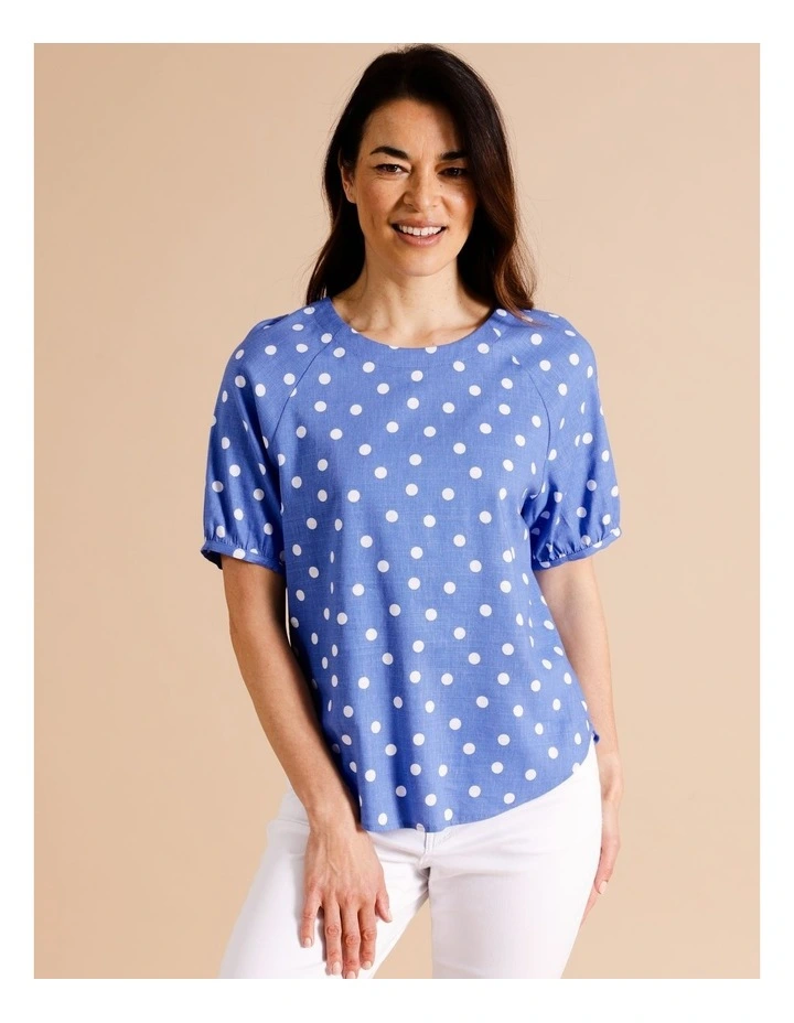 Sustainable Viscose Raglan Short Sleeve Top in Blue/White Spot