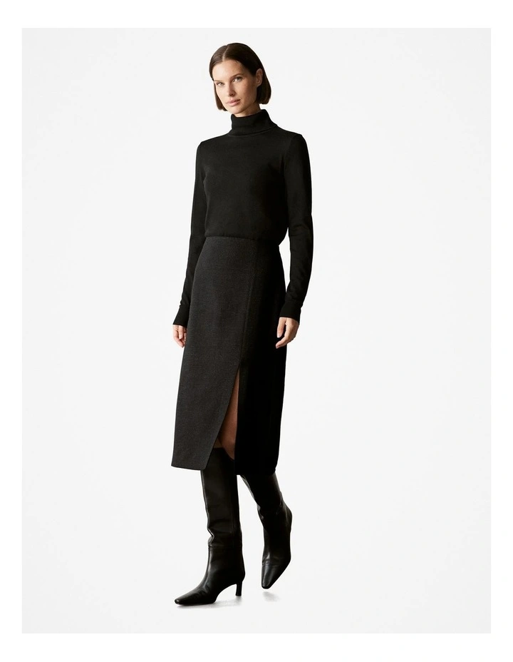 Linen Blend Metallic Side Split Skirt in Black