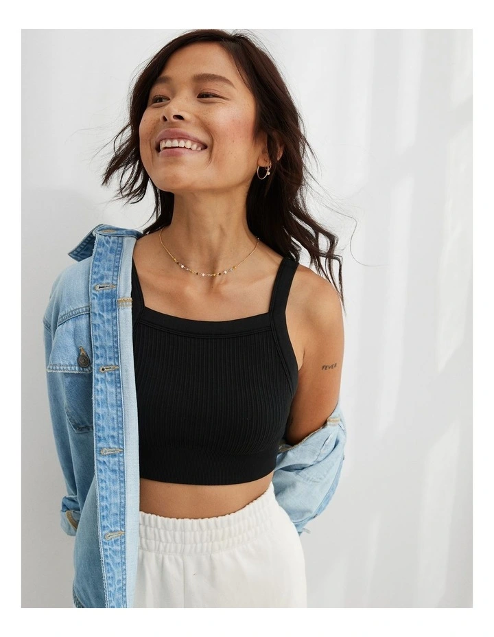 Ribbed Seamless High Neck Longline Bralette in True Black