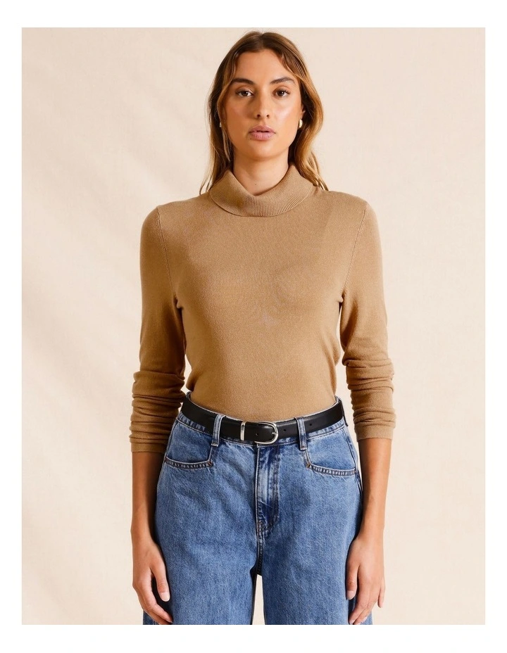 Light Weight Mock Neck Fully Fashioned Long Sleeve Top in Tan