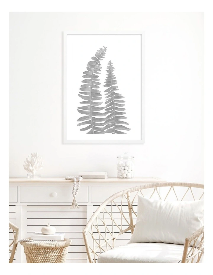 Australian Made Watercolour Fern Leaves Black Art Print A2 in White Frame