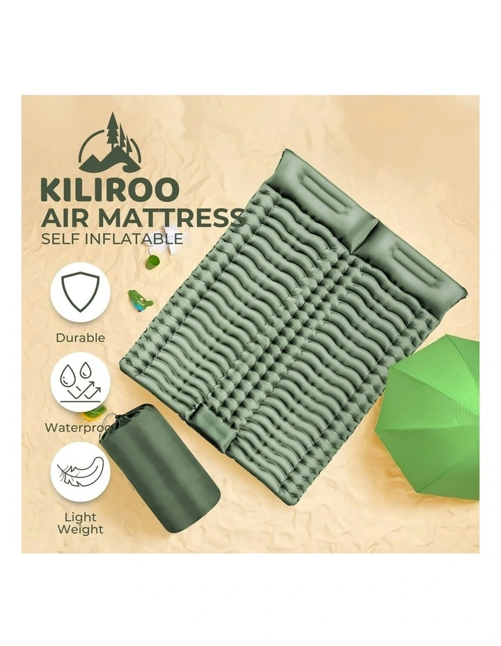 Double Inflatable Outdoor Camping Sleeping Pad with Pillow in Army Green
