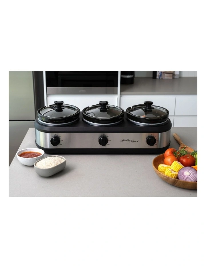 405W 3-Pot Slow Cooker 2.5L Capacity with 3 Warming Settings in Silver