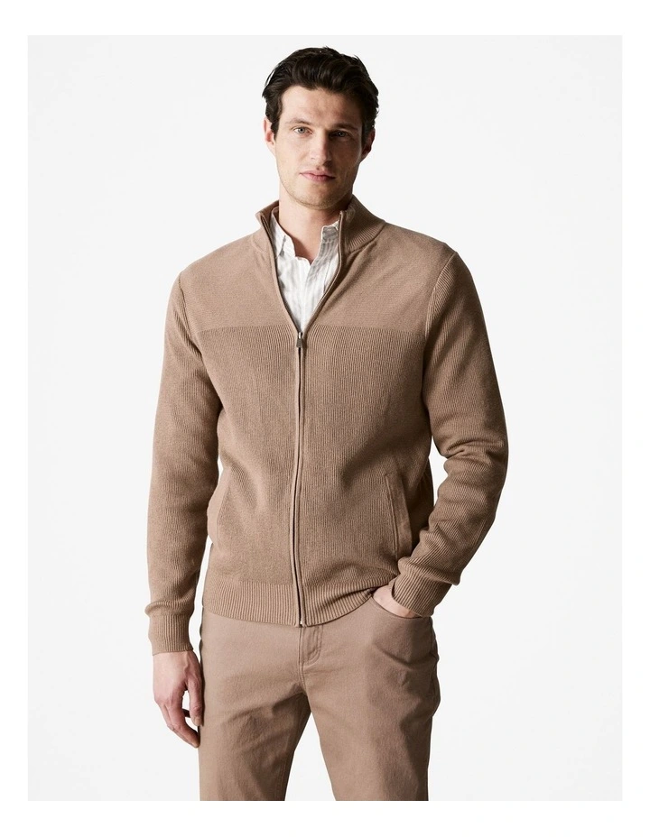 Cotton Wool Rib Detail Zip Through in Oak