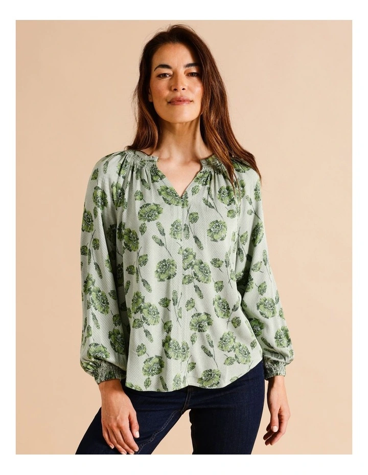 Long Sleeve Shirred Neck Top In Khaki Tonal Floral
