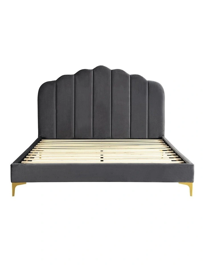 Velvet Headboard Mattress Base Bed Frame Queen Size in Grey