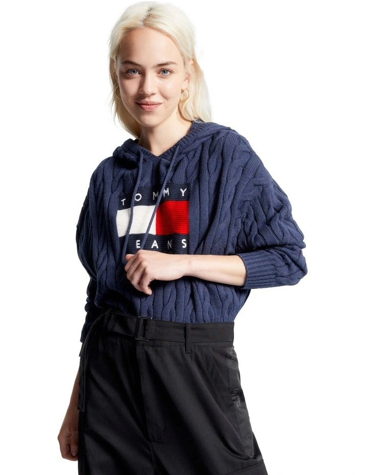 Cropped Cable Knit Flag Badge Hoodie in Blue