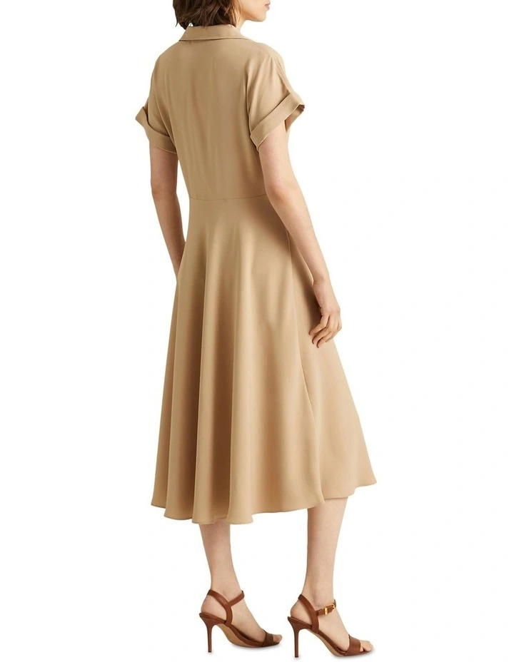 Buckle-Trim Georgette Dress in Beige