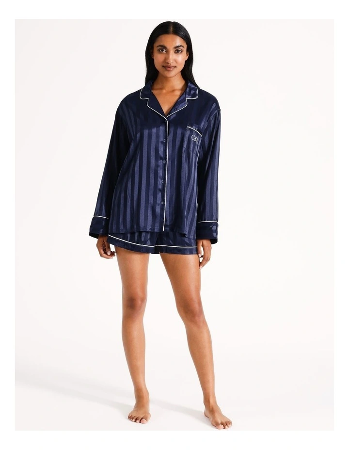 Luxe Satin Long Short Pyjama Set in Navy