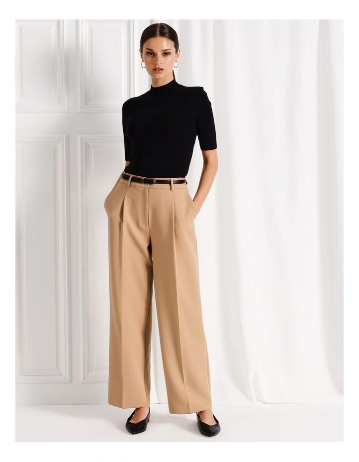 Recycled Blend Pleat Front Wide Leg Pant With Belt in Camel