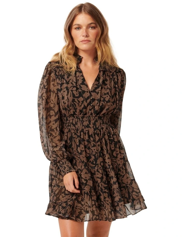 Adley Ruffle Mini Dress in Brown