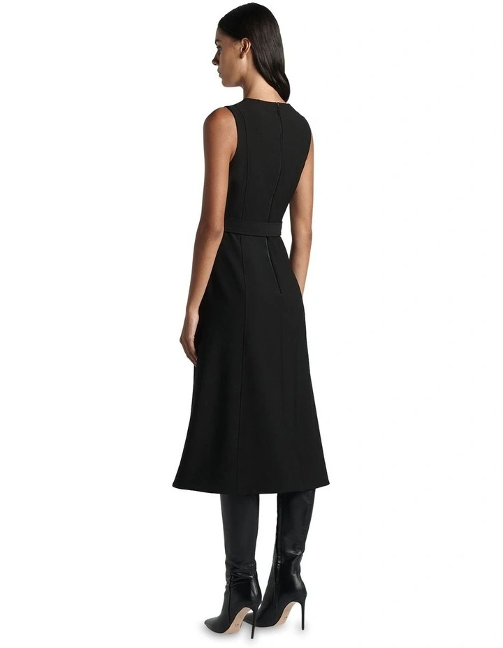 Matte Stretch Belted A-Line Midi Dress in Black