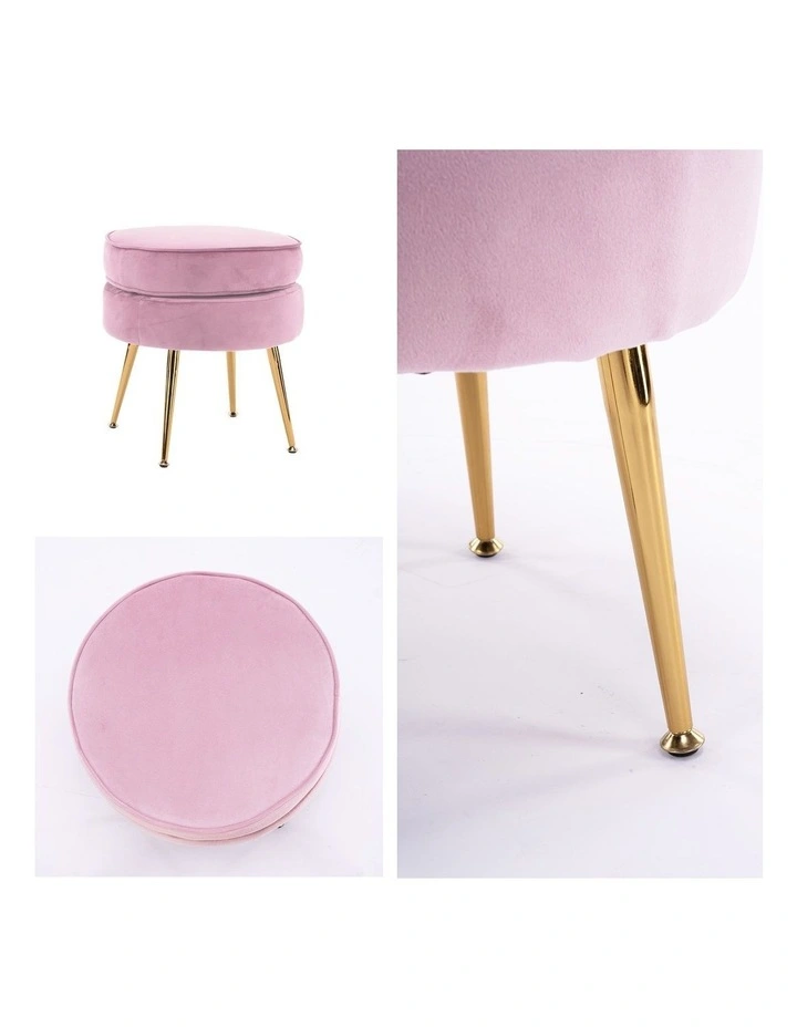 Velvet Fabric Metal Leg Round Foot Stool in Pink