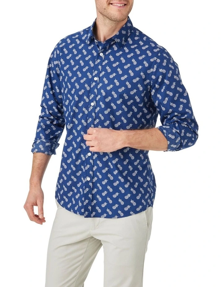 Pineapple Print Long Sleeve Shirt in Navy