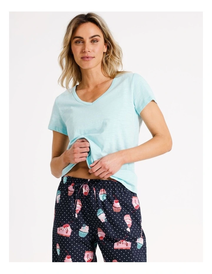 Cotton Knit V-Neck 3/4 PJ Set in Cake Print