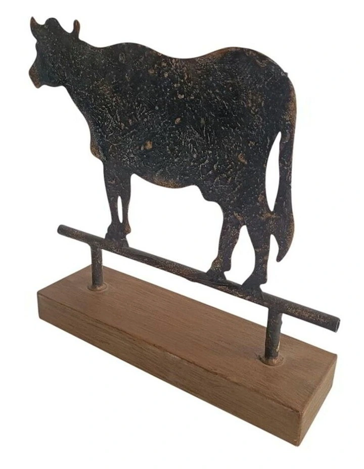 Metal Animal Cow Statue On Base Ornament in Burnt Metal