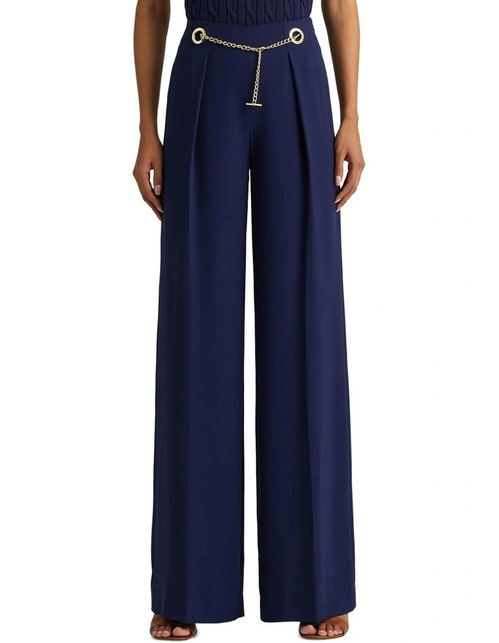Pleated Georgette Belted Wide-Leg Pant in Navy