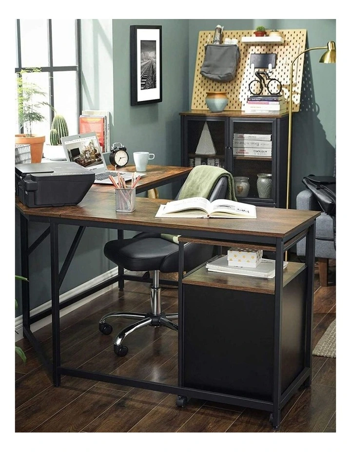 L-Shaped Computer Corner Desk in Rustic Brown/Black