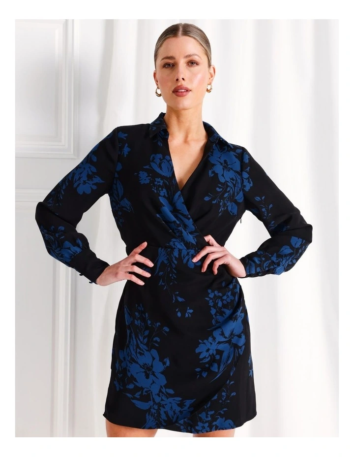 Recycled Printed Satin Tie Waist Mini Shirt Dress in Black
