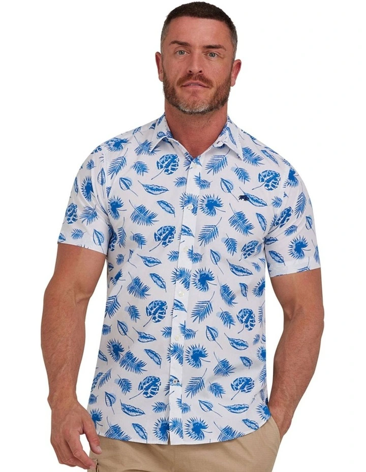 Tropical Leaf Cotton Poplin Shirt in White