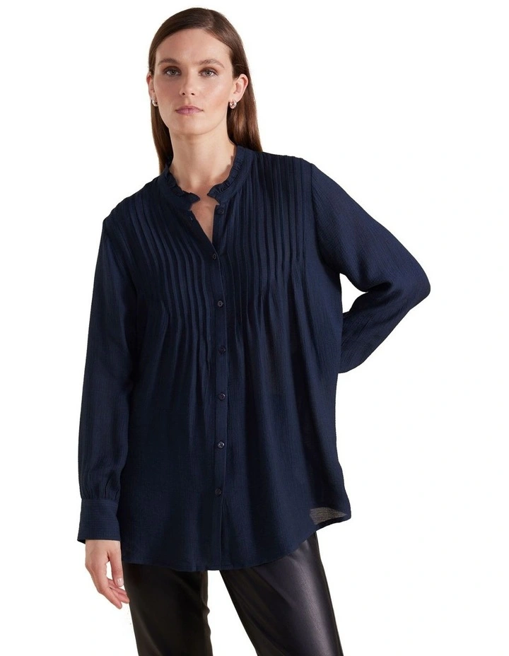 Long Sleeve Longline Pintuck Shirt in Petrol