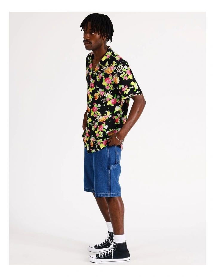 Paint Splatter Print Short Sleeve Rayon Shirt in Black