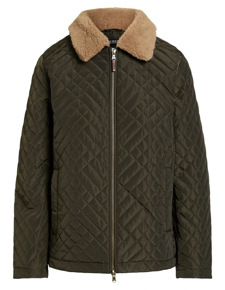 Faux-Fur-Trim Quilted Jacket in Green