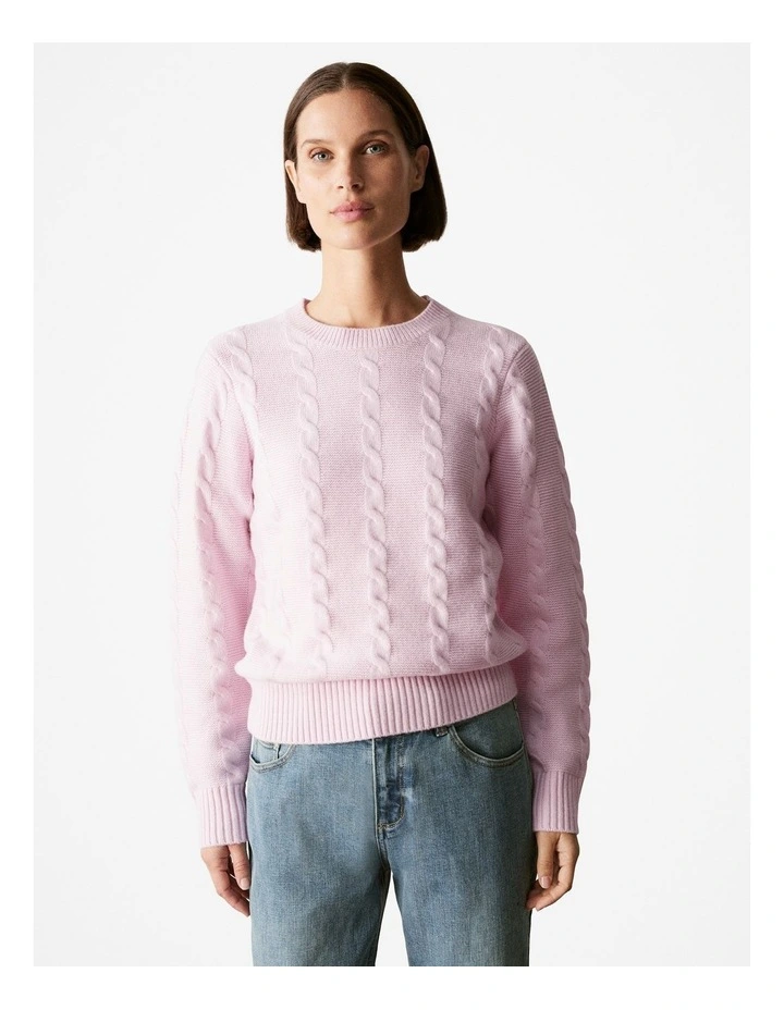 Wool Cable Knit Crew in Blossom Pink