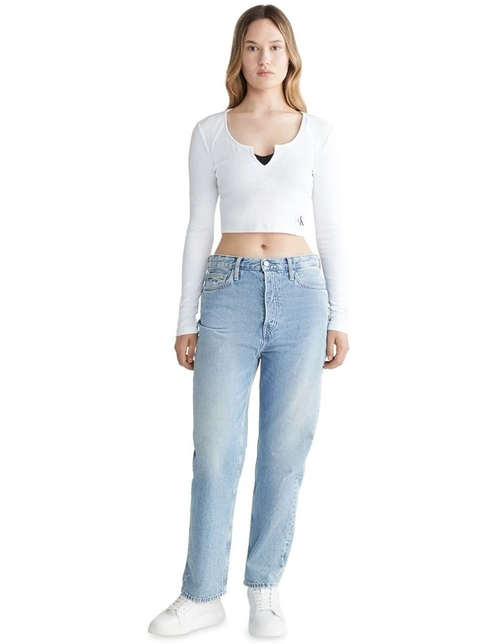 Split Collar Rib Long Sleeve in Bright White