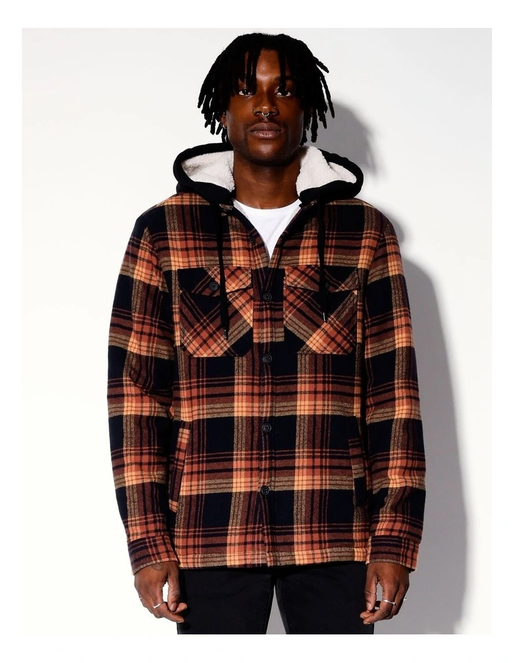 Centaur Check 2 in 1 Long Sleeve Hooded Sherpa Overshirt in Orange