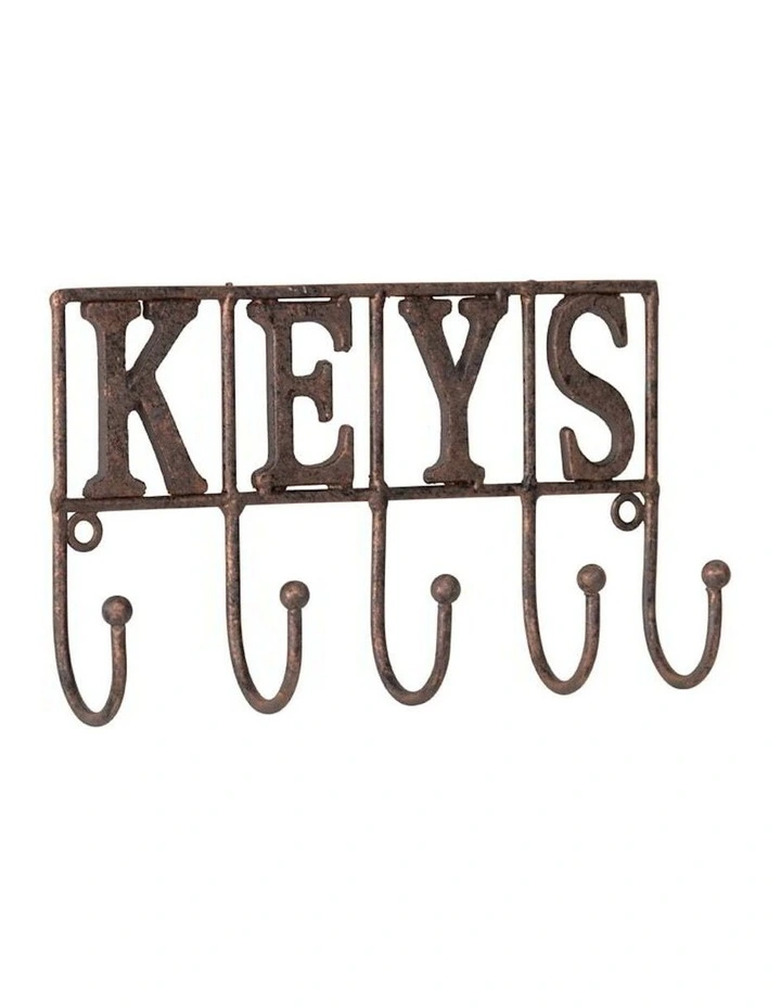 Cast-Iron 'Keys' Sign 5 Hook Hanger in Brown