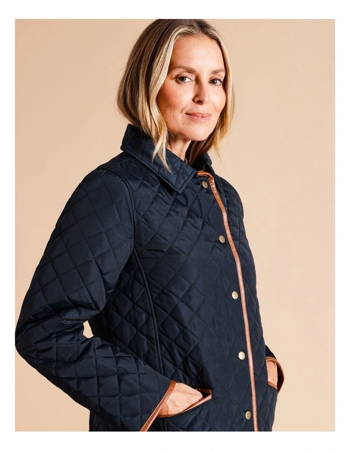 Recycled Polyester Short PU Trim Quilted Jacket In Navy