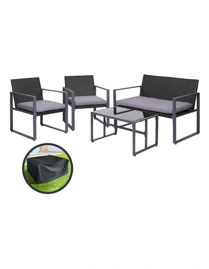 Outdoor Sofa Set 4 PCS Rattan Furniture with Storage Cover Chairs in Black