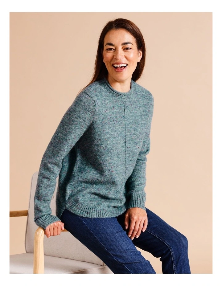 Recycled Polyester Blend Curved Hem Jumper With CF Seam In Teal Muti Fleck