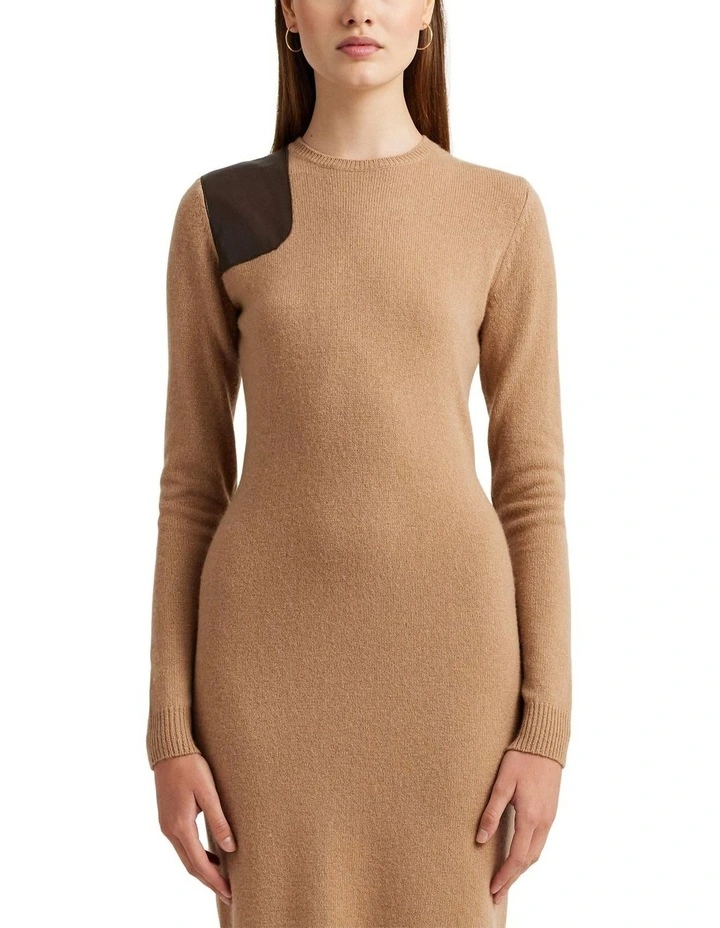 Faux-Leather-Trim Wool-Cashmere Dress in Beige