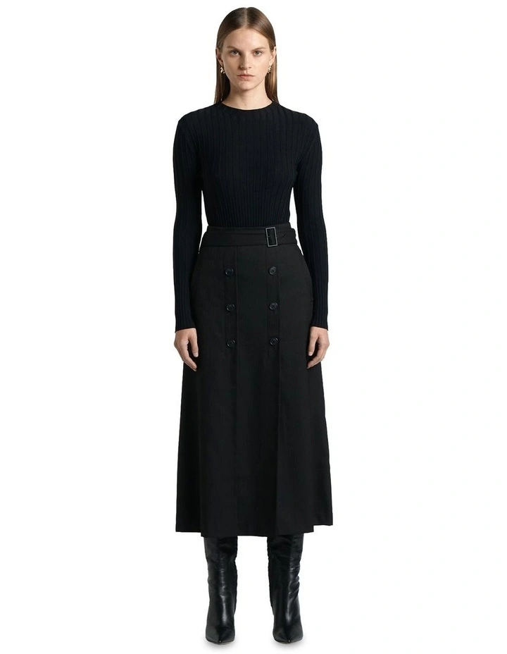Pinstripe Button Midi Skirt in Black