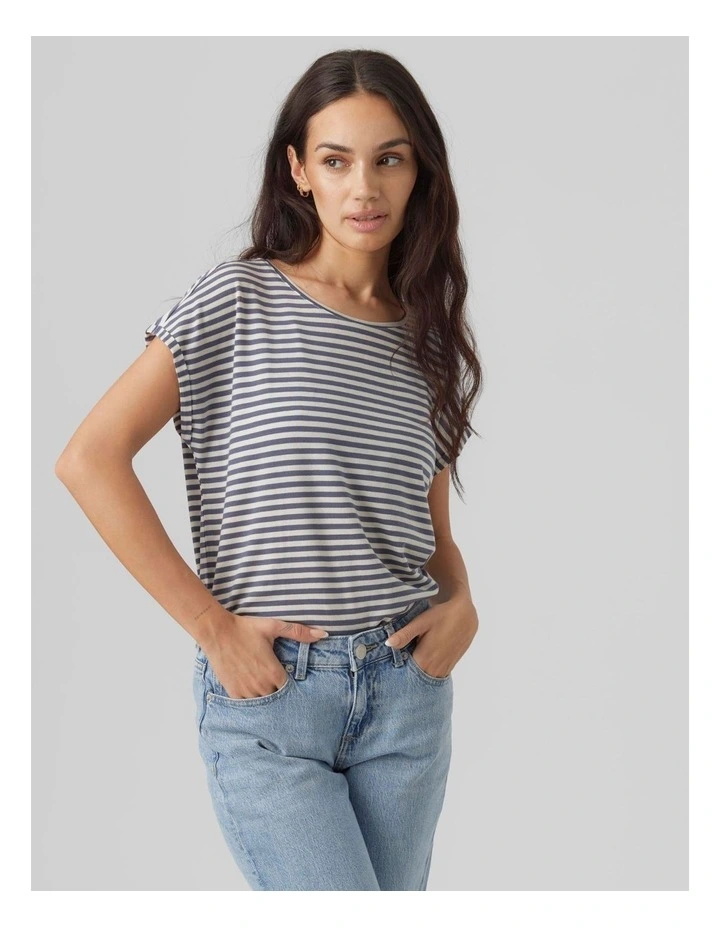 Ava Round Neck Stripe Tee in China Blue Stripe