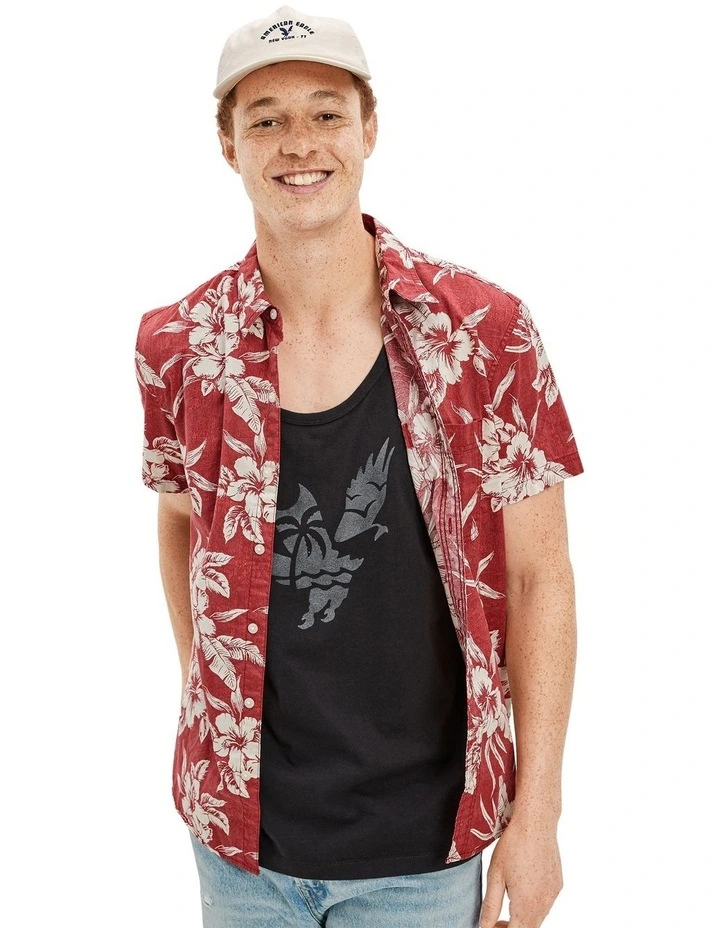 Tropical Button-Up Resort Shirt in Red