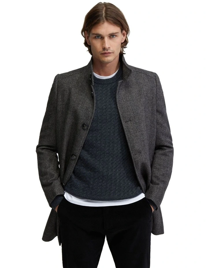 Dunbar Herringbone Wool Rich Coat in Charcoal