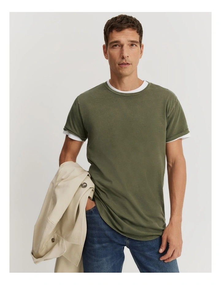 Australian Cotton Longline Garment Dyed T-shirt in Khaki Green
