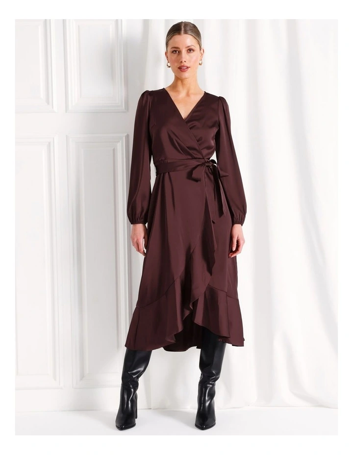 Recycled Blend Satin Long Sleeve Ruffle Midi Wrap Dress in Wine