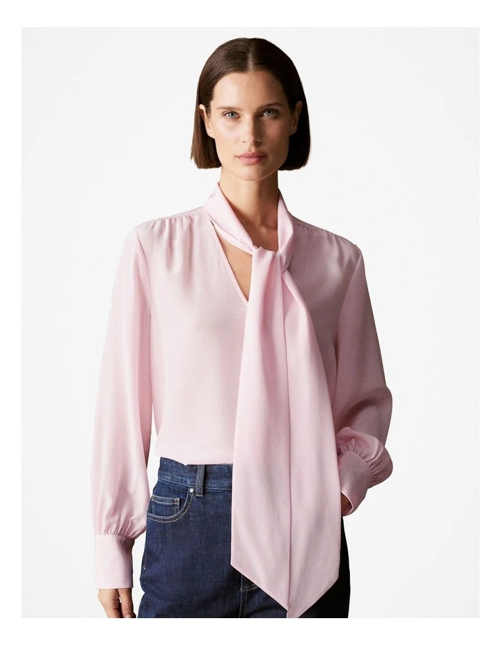 Silk Tie Neck Relaxed Blouse in Blossom Pink